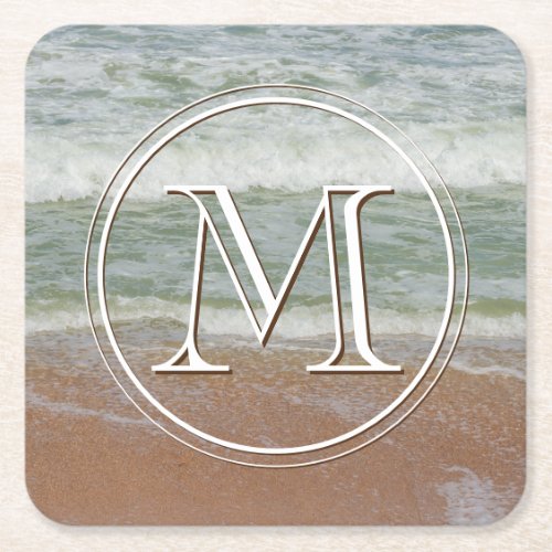 Beach Sand Waves Custom Monogrammed Initial Square Paper Coaster