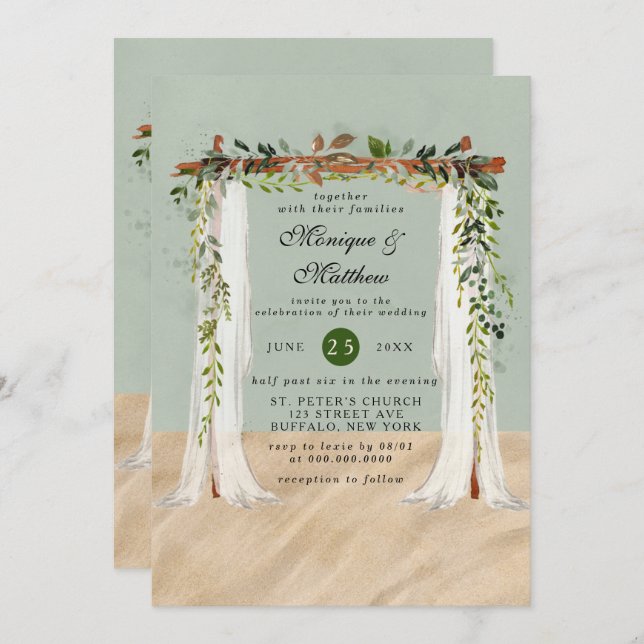 Beach Sand White Canopy Tropical Modern Wedding Invitation (Front/Back)