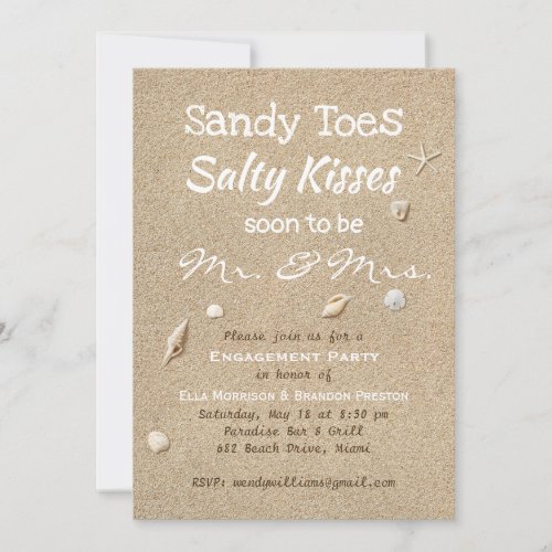Beach Sand  White Typography Engagement Party Invitation