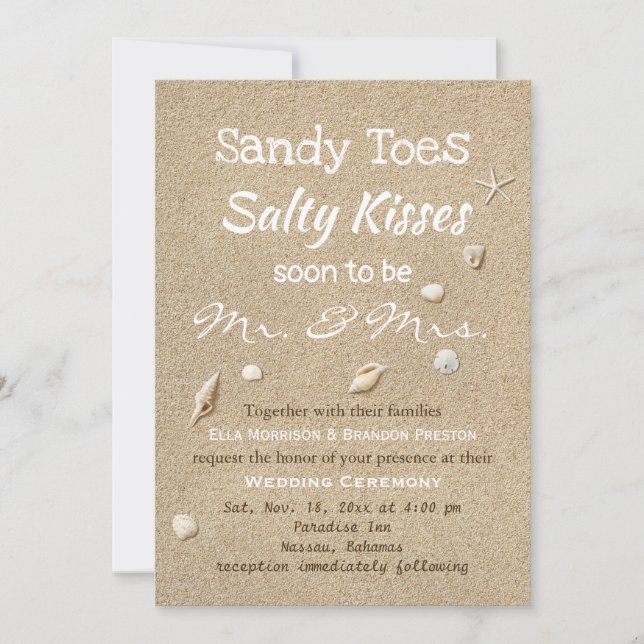 Beach Sand & White Typography Wedding Invitation (Front)