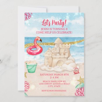 Beach Sandcastle Flamingo Birthday Party Download Invitation by LaurEvansDesign at Zazzle