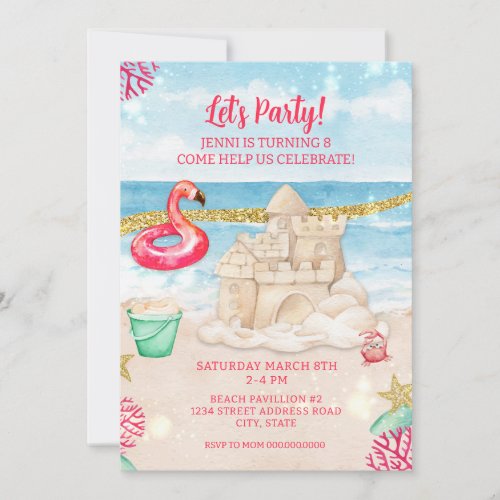 Beach Sandcastle Flamingo Birthday Party Download Invitation