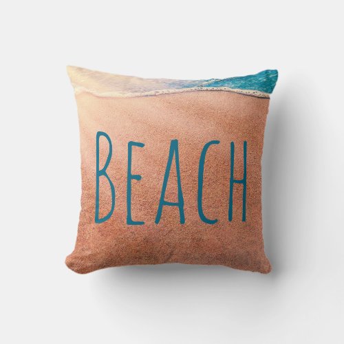 Beach Sandy Shoreline Blue Coastal Ocean Wave Throw Pillow