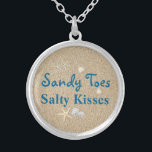 Beach Sandy Toes Salty Kisses Necklace<br><div class="desc">This fun and tropical silver plated necklace is accented with the cute saying "Sandy Toes Salty Kisses" on a beach sand background,  making it a sweet gift for the bride,  bridesmaids or flower girl.</div>