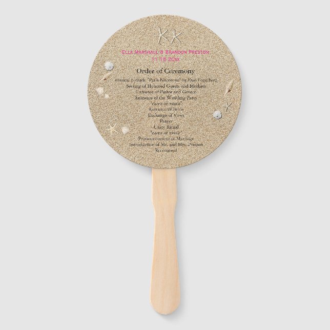 Beach Sandy Toes Salty Kisses Wedding Program pink Hand Fan (Front)
