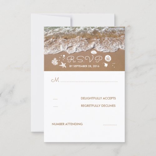 Beach Sandy Waves Summer Wedding RSVP Card - Summer beach wedding reply cards. Please push the 'customize' button to move sea treasures, to write on the backside, edit the font style etc.