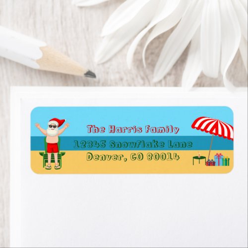 Beach Santa Claus Cute Christmas Return Address Label