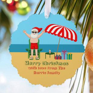 Beach Santa Claus Cute Custom Merry Christmas Ornament Card