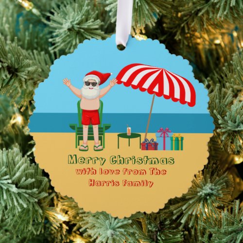 Beach Santa Claus Cute Custom Merry Christmas Ornament Card