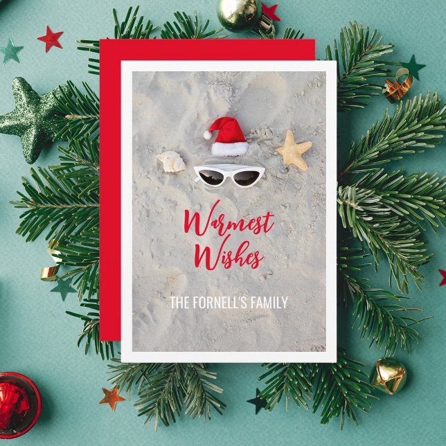 Beach Santa Hat Christmas in July Holiday Card (Warmest wishes christmas cards)