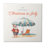 Beach Santa Watercolor Christmas in July Party BBQ Ceramic Tile<br><div class="desc">This Christmas in July collection features watercolor retro illustrations of Santa Claus at the beach, with a cool umbrella and fun outfit. Get ready to celebrate the ultimate summer party with a festive twist! Our Christmas in July collection is perfect for your family BBQ turned retro pool party extravaganza. With...</div>
