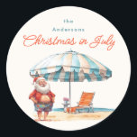 Beach Santa Watercolor Christmas in July Party BBQ Classic Round Sticker<br><div class="desc">This Christmas in July collection features watercolor retro illustrations of Santa Claus at the beach, with a cool umbrella and fun outfit. Get ready to celebrate the ultimate summer party with a festive twist! Our Christmas in July collection is perfect for your family BBQ turned retro pool party extravaganza. With...</div>