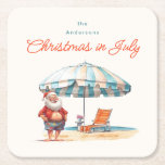 Beach Santa Watercolor Christmas in July Party BBQ Square Paper Coaster<br><div class="desc">This Christmas in July collection features watercolor retro illustrations of Santa Claus at the beach, with a cool umbrella and fun outfit. Get ready to celebrate the ultimate summer party with a festive twist! Our Christmas in July collection is perfect for your family BBQ turned retro pool party extravaganza. With...</div>
