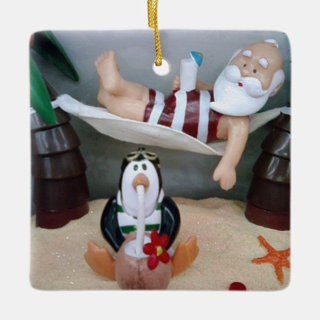 **BEACH SANTA WITH PENGUIN FRIEND** CERAMIC ORNAMENT (Front)