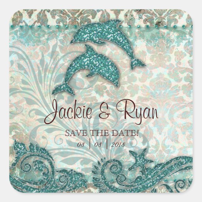 Beach Save Date Wedding Stickers Dolphins (Front)