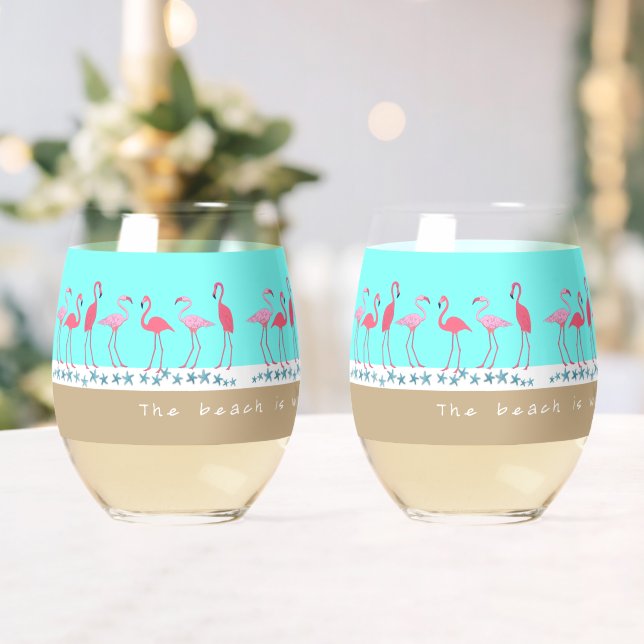 Beach Saying Flamingos  Stemless Wine Glass (Insitu (Wedding))