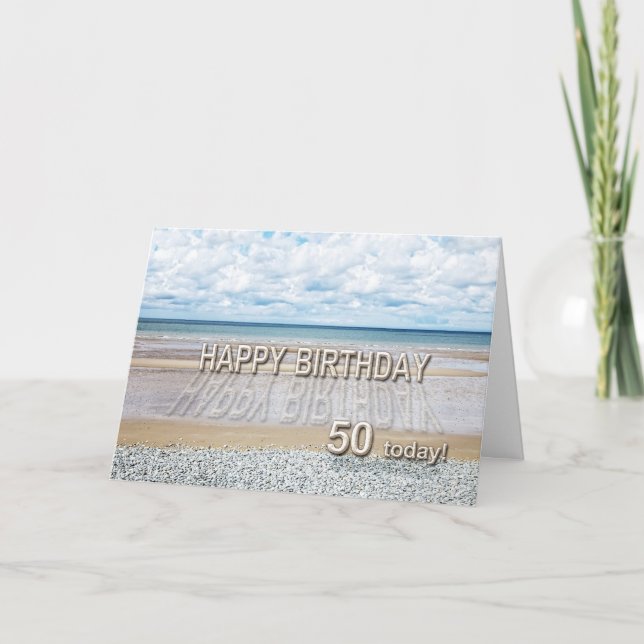 Beach scene 50th birthday card with 3D letters (Front)