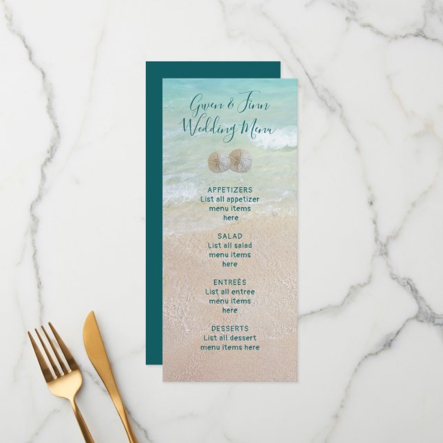 Beach Scene Background Sand Dollars Wedding Menu (Front/Back In Situ)