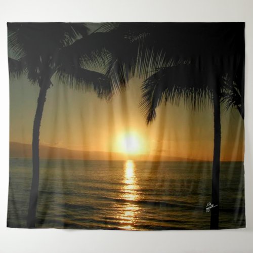 Beach Scene Coconut Palm Trees Sunset Hawaii Tapestry