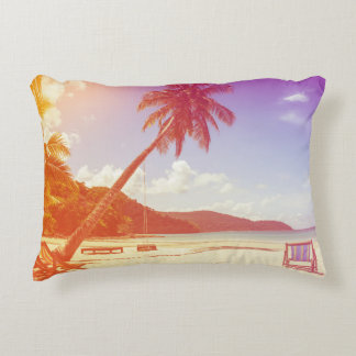 Beach scene, coconut tree, wooden bed. accent pillow