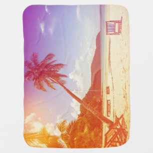 Beach scene, coconut tree, wooden bed. baby blanket