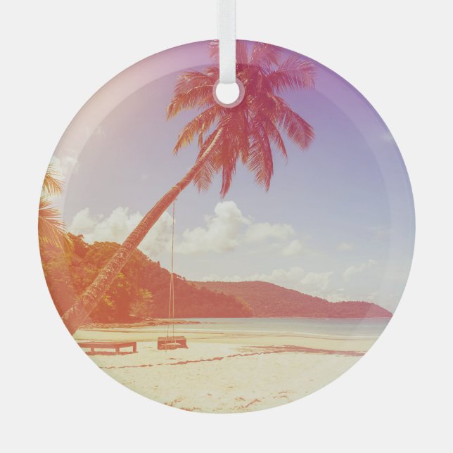 Beach scene, coconut tree, wooden bed. glass ornament (Front)
