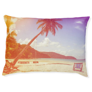 Beach scene, coconut tree, wooden bed. pet bed