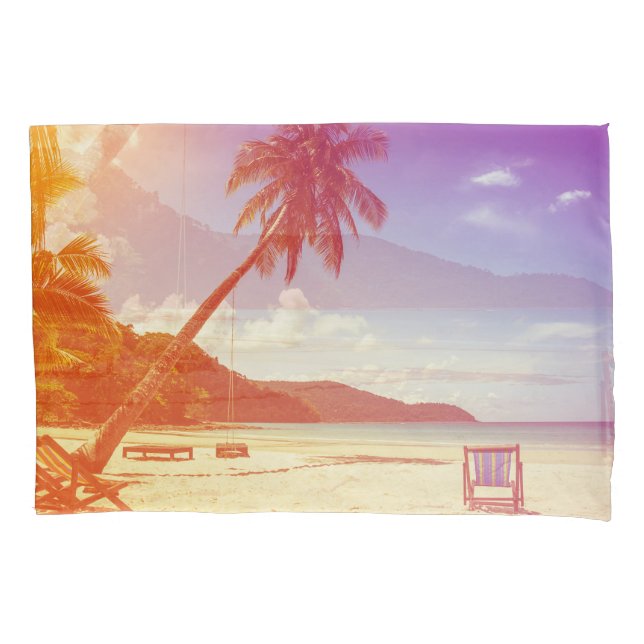 Beach scene, coconut tree, wooden bed. pillow case (Front)