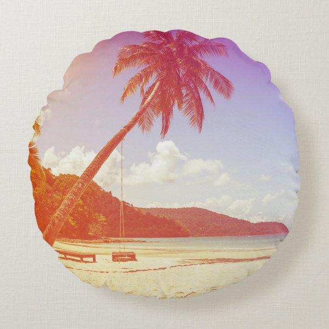 Beach scene, coconut tree, wooden bed. round pillow (Front)
