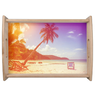 Beach scene, coconut tree, wooden bed. serving tray