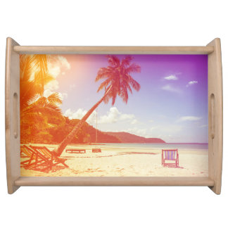 Beach scene, coconut tree, wooden bed. serving tray