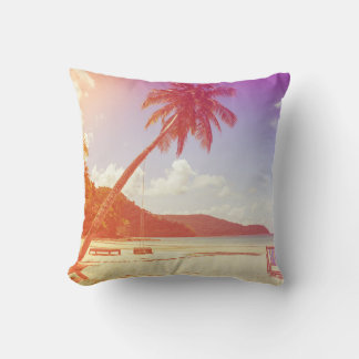 Beach scene, coconut tree, wooden bed. throw pillow