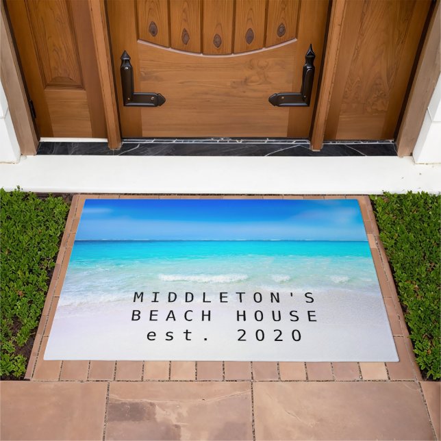 Beach Scene Family Name Blue Ocean Welcome Doormat (Outdoor)