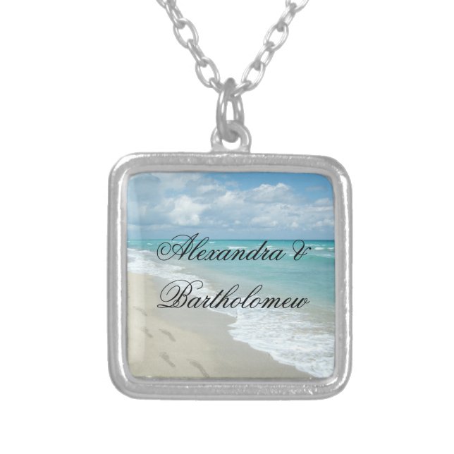 Beach Scene Footprints in Sand Personalized Silver Plated Necklace (Front)