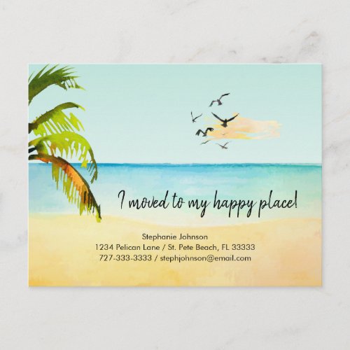 Beach Scene I Moved to My Happy Place New Address Announcement Postcard