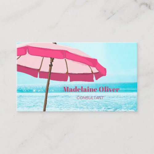 Beach Scene Ocean Blue Pink Umbrella Business Card