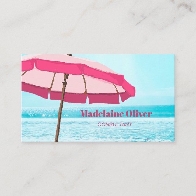 Beach Scene Ocean Blue Pink Umbrella Business Card (Front)