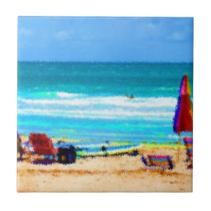 beach scene painterly chairs surfboards umbrellas ceramic tile