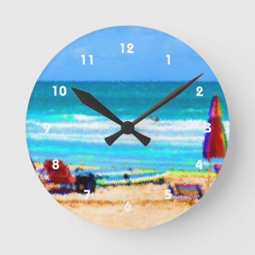 beach scene painterly chairs surfboards umbrellas round clock