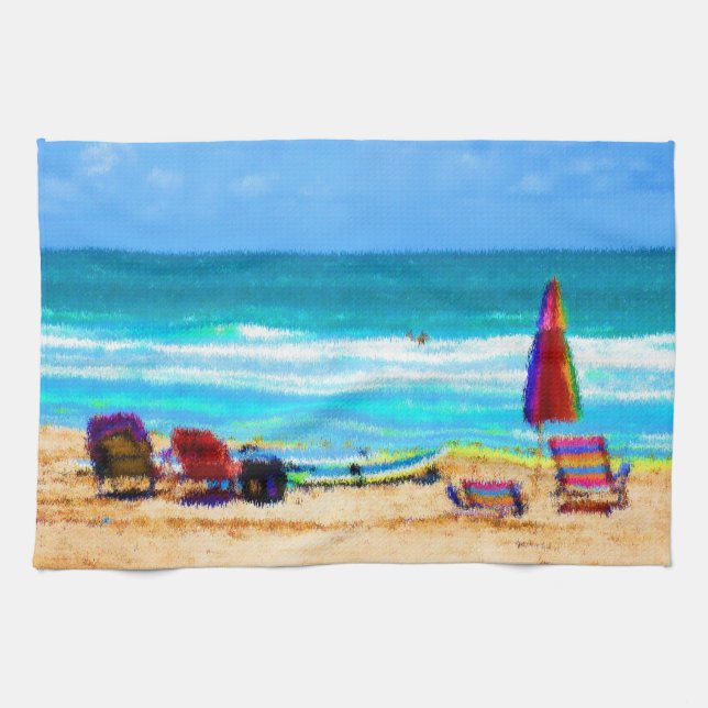 beach scene painterly chairs surfboards umbrellas towel (Horizontal)