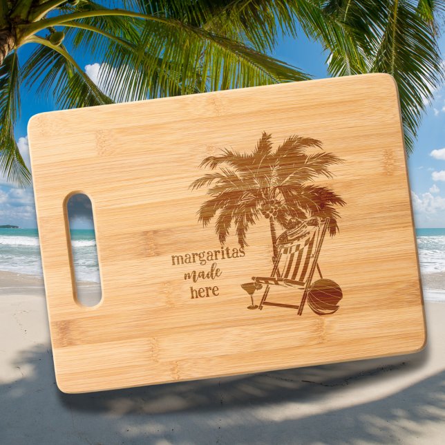 Beach Scene Palm Tree, Beach Chair and Margarita Engraved Cutting Board (Beach scene customizable cutting board for margarita making and lime cutting in your kitchen. )