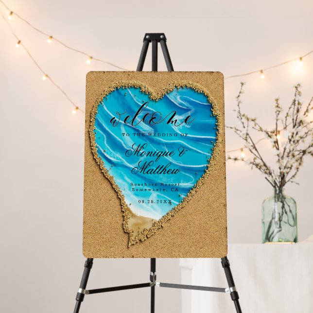 Beach Scene Sand Heart Wedding Welcome Sign (In Situ (Stand))