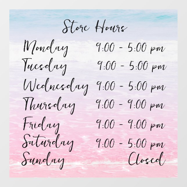 Beach Scene Store Hours Personalized Window Cling (Sheet)