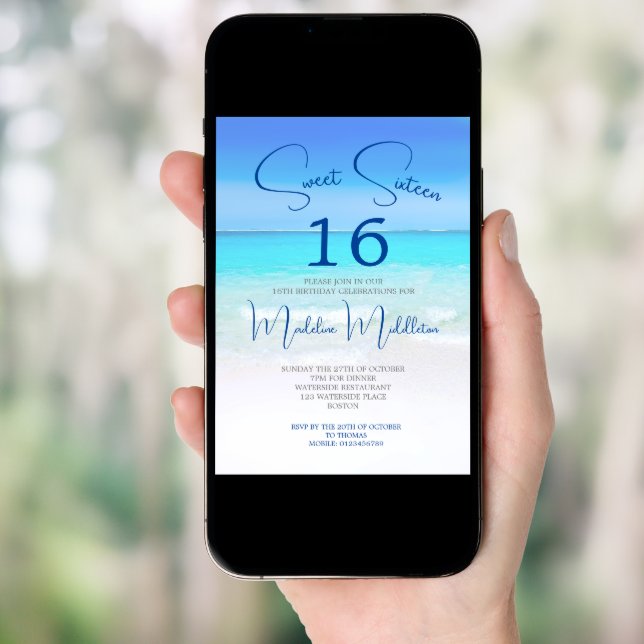 Beach Scene Sweet Sixteen  Blue Photo Birthday Invitation (Front Digital)