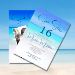 Beach Scene Sweet Sixteen  Blue Photo Birthday Invitation<br><div class="desc">An enticing beach scene is the background for this Sweet Sixteen Beach Party birthday invitation.
An image is on the reverse of the invitation.
Ocean and sky blues  are the main colors.
All the information and the image are easily replaced for your own custom invitation.</div>