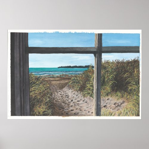 Beach Scene Watercolor Painting Thru Window Poster