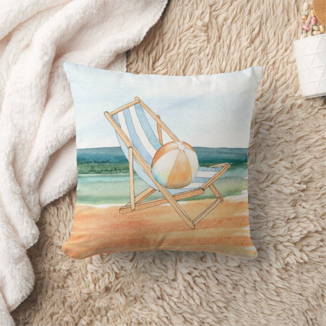 Beach Scene Watercolor Throw Pillow (Blanket)