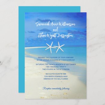 Beach Scene White Starfish Wedding Invitation by sandpiperWedding at Zazzle