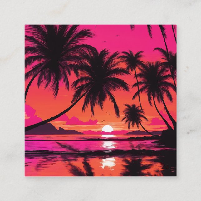 Beach scene with a vibrant orange and pink sunset calling card (Front)