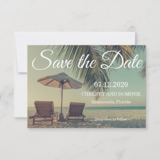 Beach Scene with Chairs and Umbrella Save the Date